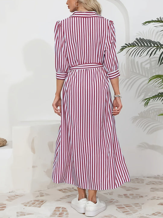Striped Shirt Midi Dress with Tie Waist and Three-Quarter Sleeves