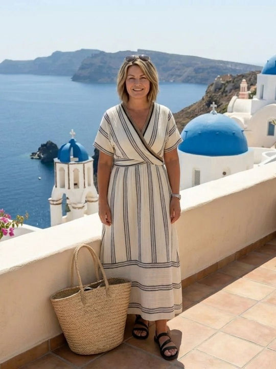 Striped V-Neck Wrap Midi Dress with Short Sleeves