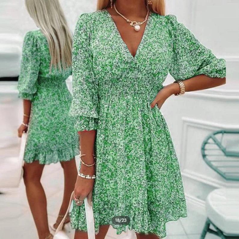 Sunna Floral Midi Dress – Smocked Waist and Puff Sleeves