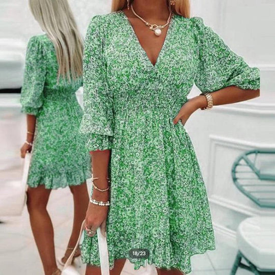 Sunna Floral Midi Dress – Smocked Waist and Puff Sleeves