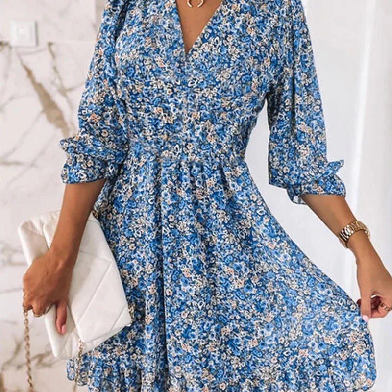 Sunna Floral Midi Dress – Smocked Waist and Puff Sleeves