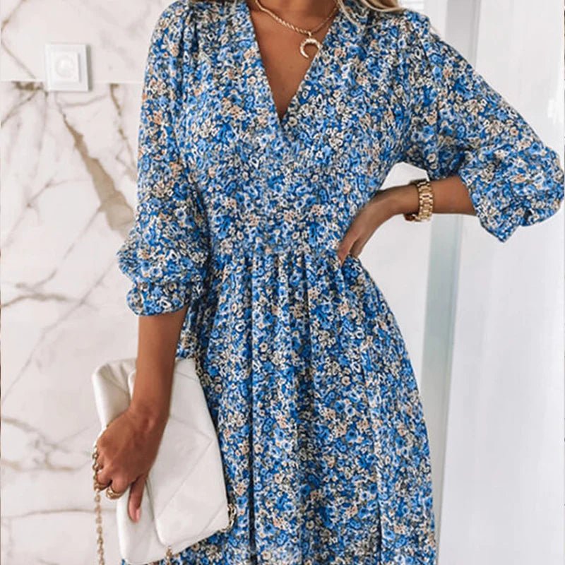 Sunna Floral Midi Dress – Smocked Waist and Puff Sleeves