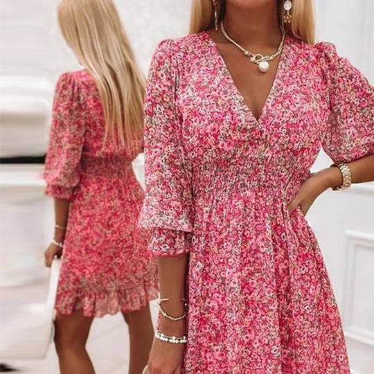 Sunna Floral Midi Dress – Smocked Waist and Puff Sleeves