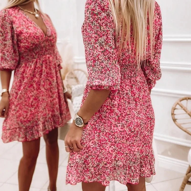 Sunna Floral Midi Dress – Smocked Waist and Puff Sleeves