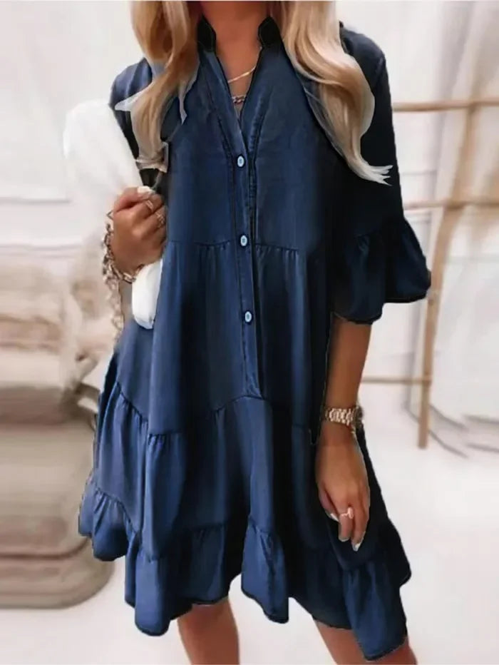 Tiered Denim Midi Dress with High Neck