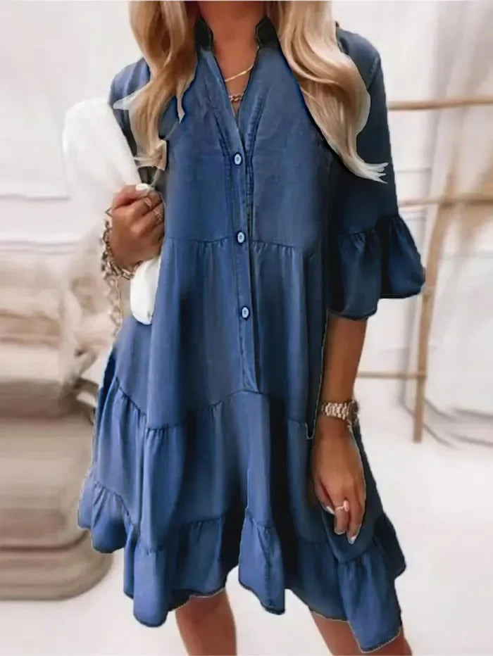 Tiered Denim Midi Dress with High Neck