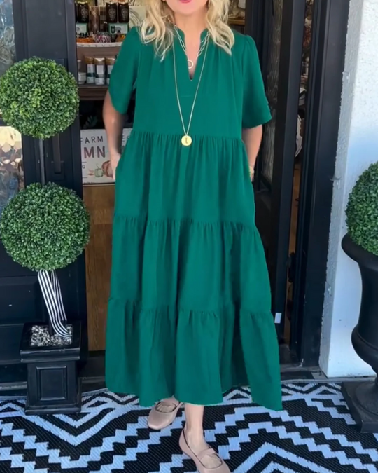 Tiered V-Neck Maxi Dress with Pockets – Short-Sleeve Casual Style