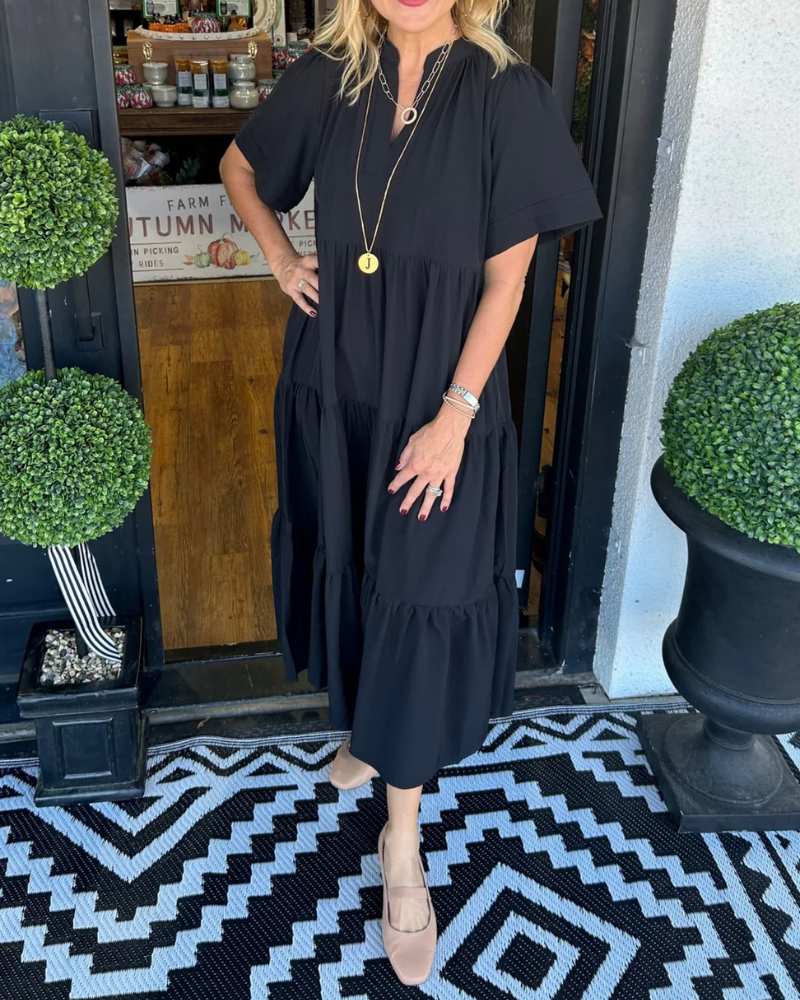 Tiered V-Neck Maxi Dress with Pockets – Short-Sleeve Casual Style