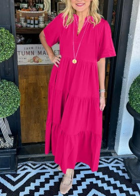 Tiered V-Neck Maxi Dress with Pockets – Short-Sleeve Casual Style