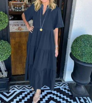 Tiered V-Neck Maxi Dress with Pockets – Short-Sleeve Casual Style