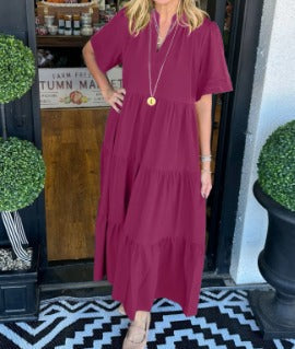 Tiered V-Neck Maxi Dress with Pockets – Short-Sleeve Casual Style