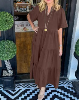 Tiered V-Neck Maxi Dress with Pockets – Short-Sleeve Casual Style