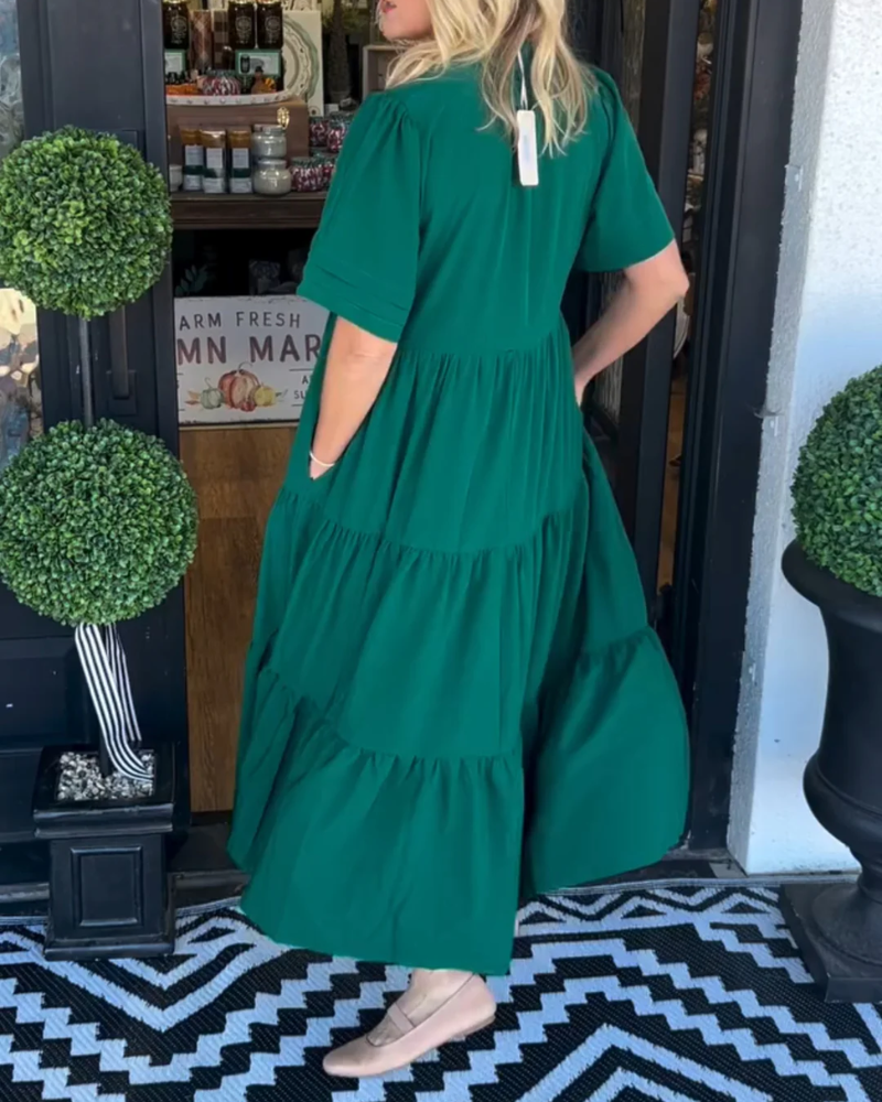 Tiered V-Neck Maxi Dress with Pockets – Short-Sleeve Casual Style