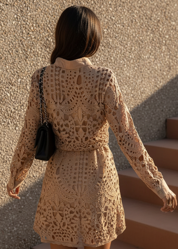 Toffee Lace Mini Shirt Dress – Long Sleeves and Empire Waist