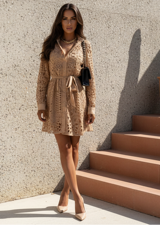 Toffee Lace Mini Shirt Dress – Long Sleeves and Empire Waist