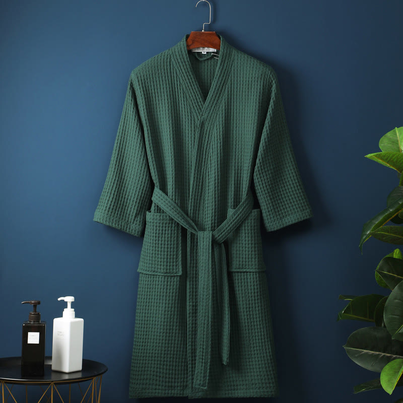 Unisex Ribbed Cotton Bathrobe – Breathable V-Neck Robe with Belt and Pockets