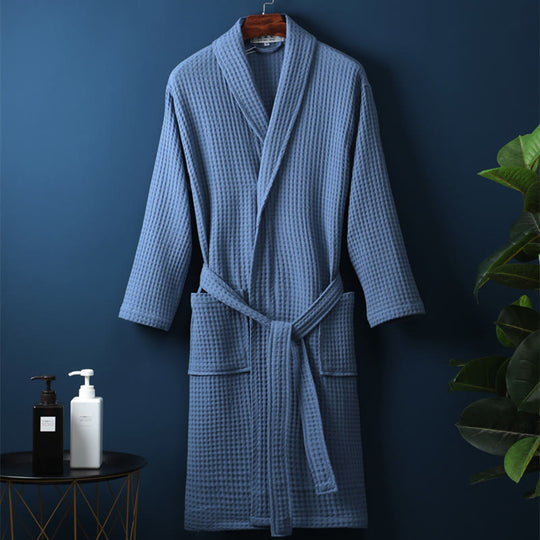 Unisex Ribbed Cotton Bathrobe – Breathable V-Neck Robe with Belt and Pockets