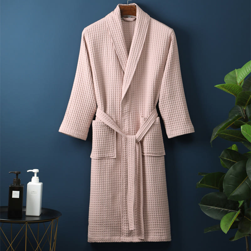 Unisex Ribbed Cotton Bathrobe – Breathable V-Neck Robe with Belt and Pockets