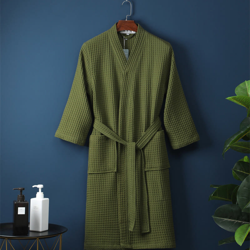 Unisex Ribbed Cotton Bathrobe – Breathable V-Neck Robe with Belt and Pockets