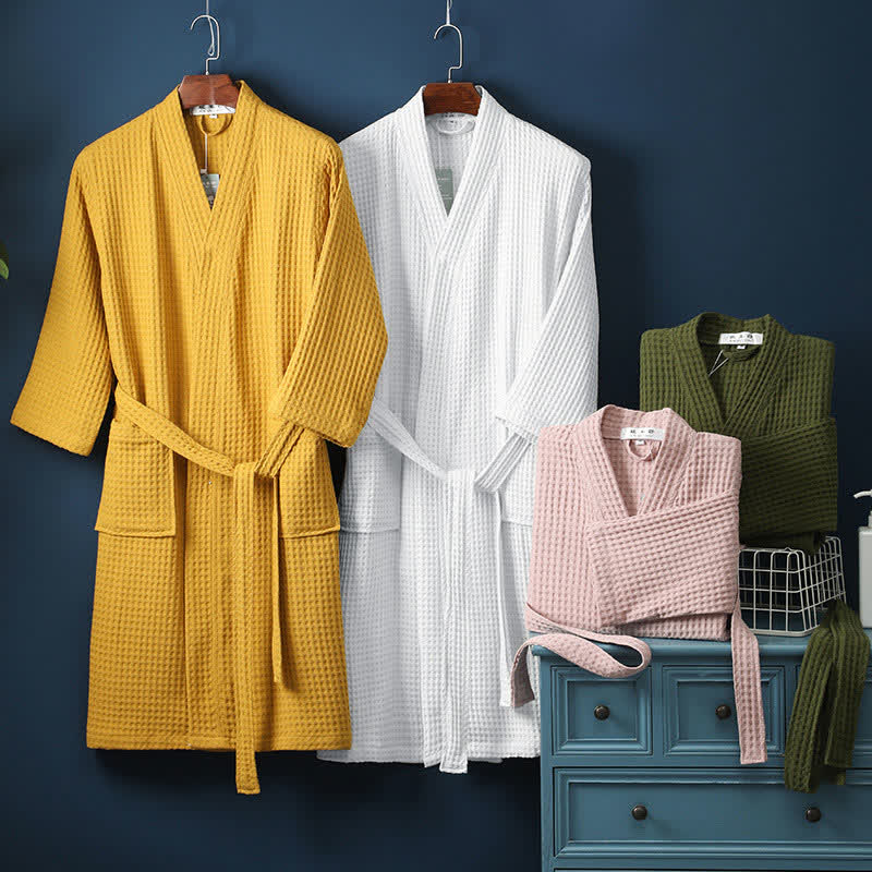 Unisex Ribbed Cotton Bathrobe – Breathable V-Neck Robe with Belt and Pockets
