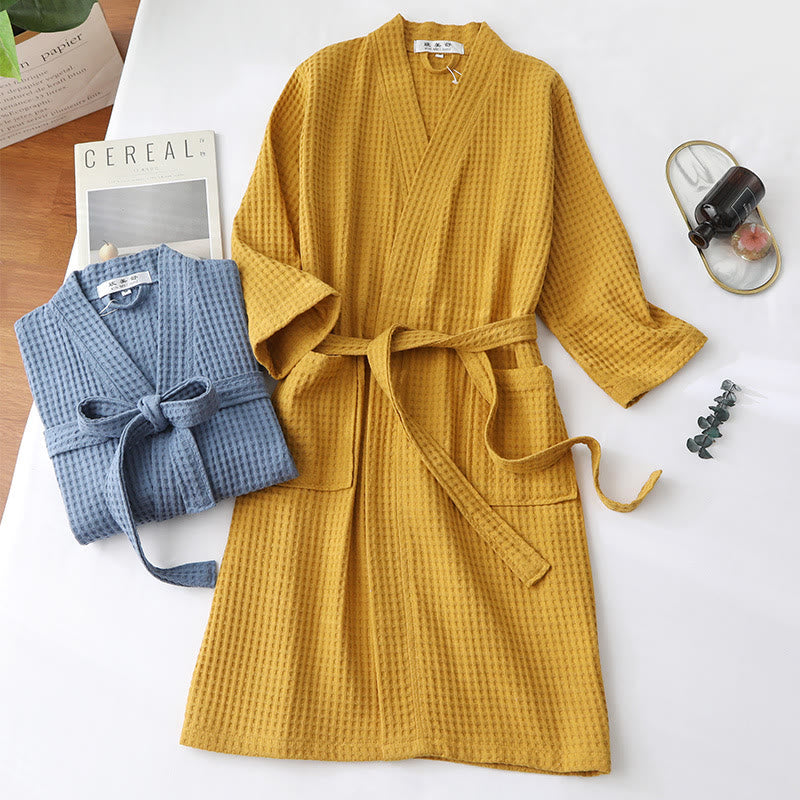 Unisex Ribbed Cotton Bathrobe – Breathable V-Neck Robe with Belt and Pockets