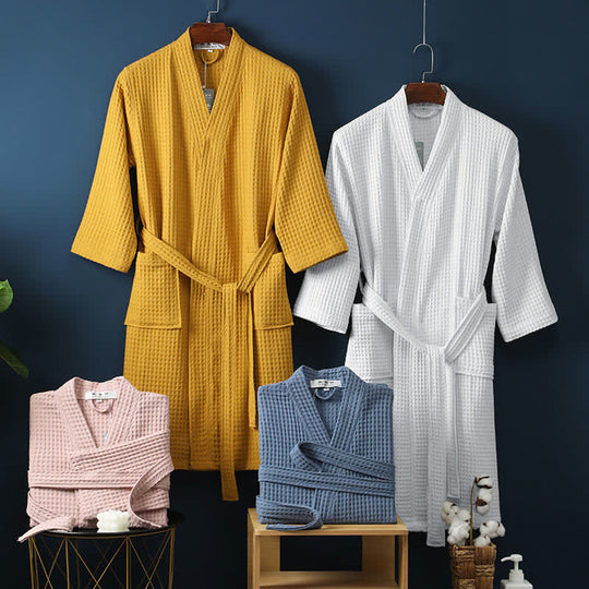 Unisex Ribbed Cotton Bathrobe – Breathable V-Neck Robe with Belt and Pockets