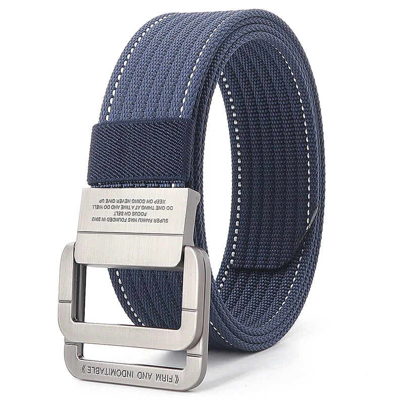 Unisex Striped Canvas Belt with Double D-Ring Buckle, 47 Inches