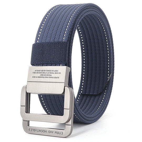 Unisex Striped Canvas Belt with Double D-Ring Buckle, 47 Inches