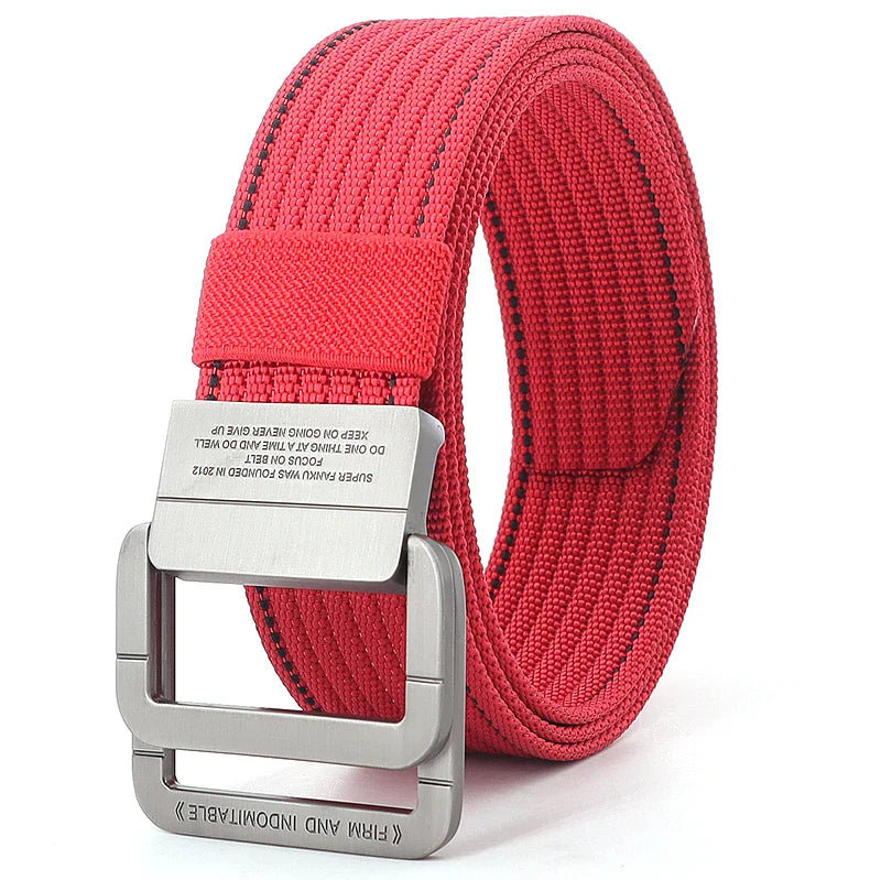 Unisex Striped Canvas Belt with Double D-Ring Buckle, 47 Inches