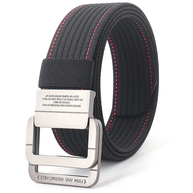 Unisex Striped Canvas Belt with Double D-Ring Buckle, 47 Inches