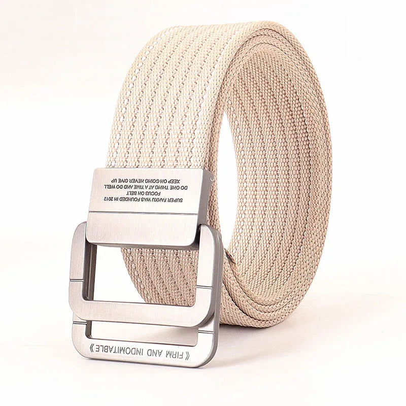 Unisex Striped Canvas Belt with Double D-Ring Buckle, 47 Inches