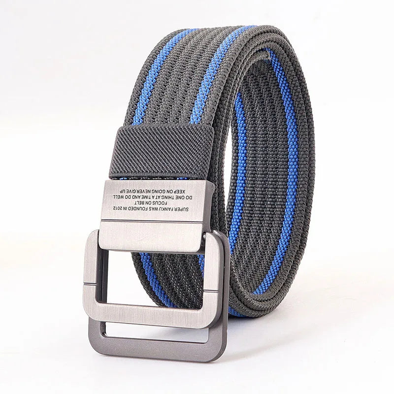 Unisex Striped Canvas Belt with Double D-Ring Buckle, 47 Inches