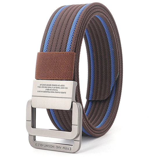 Unisex Striped Canvas Belt with Double D-Ring Buckle, 47 Inches