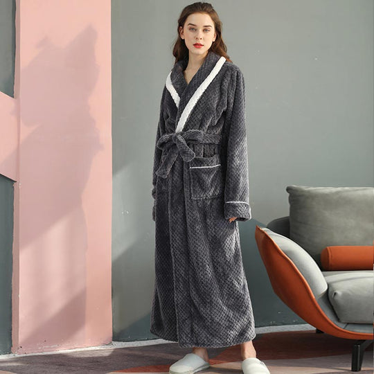 Unisex Thick Fleece Bathrobe – Warm Belted Robe with Large Pockets