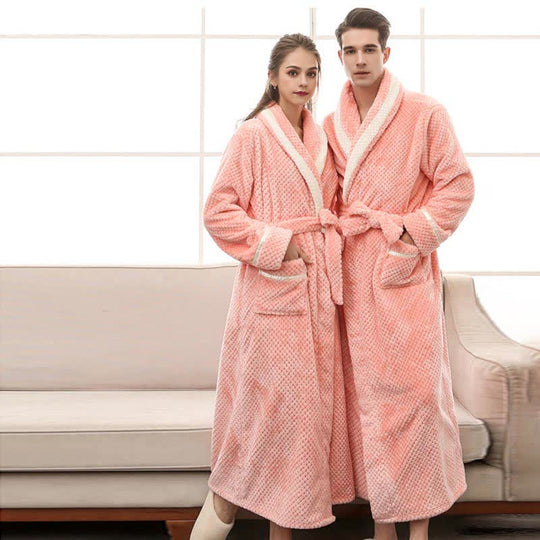 Unisex Thick Fleece Bathrobe – Warm Belted Robe with Large Pockets