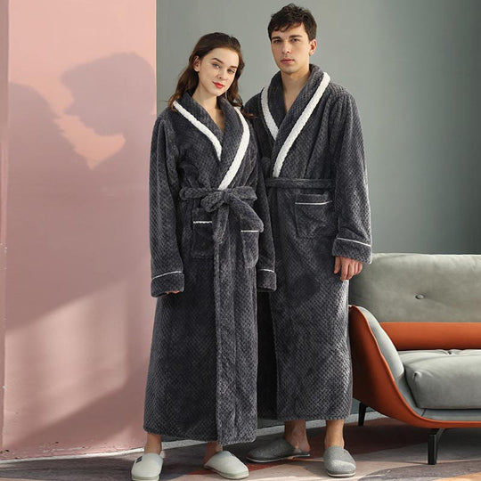 Unisex Thick Fleece Bathrobe – Warm Belted Robe with Large Pockets