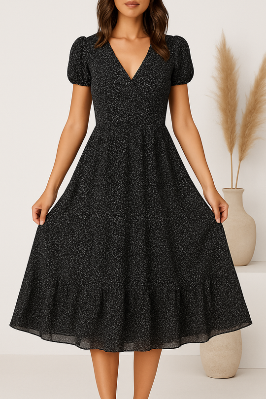 V-Neck Flared Midi Dress with Short Sleeves