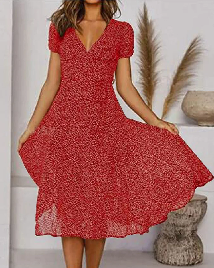 V-Neck Flared Midi Dress with Short Sleeves