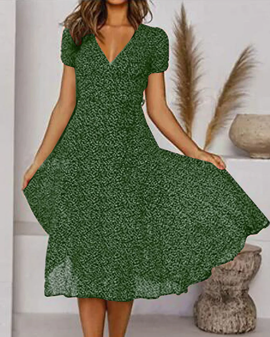 V-Neck Flared Midi Dress with Short Sleeves