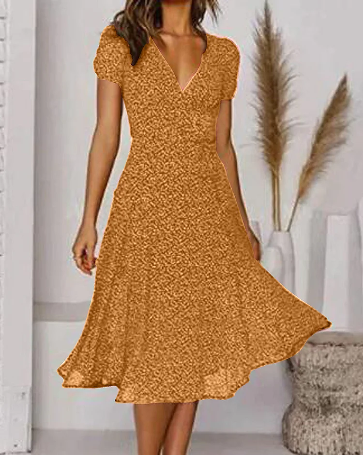 V-Neck Flared Midi Dress with Short Sleeves
