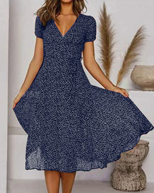 V-Neck Flared Midi Dress with Short Sleeves