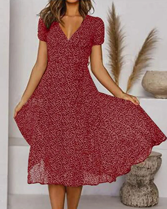V-Neck Flared Midi Dress with Short Sleeves