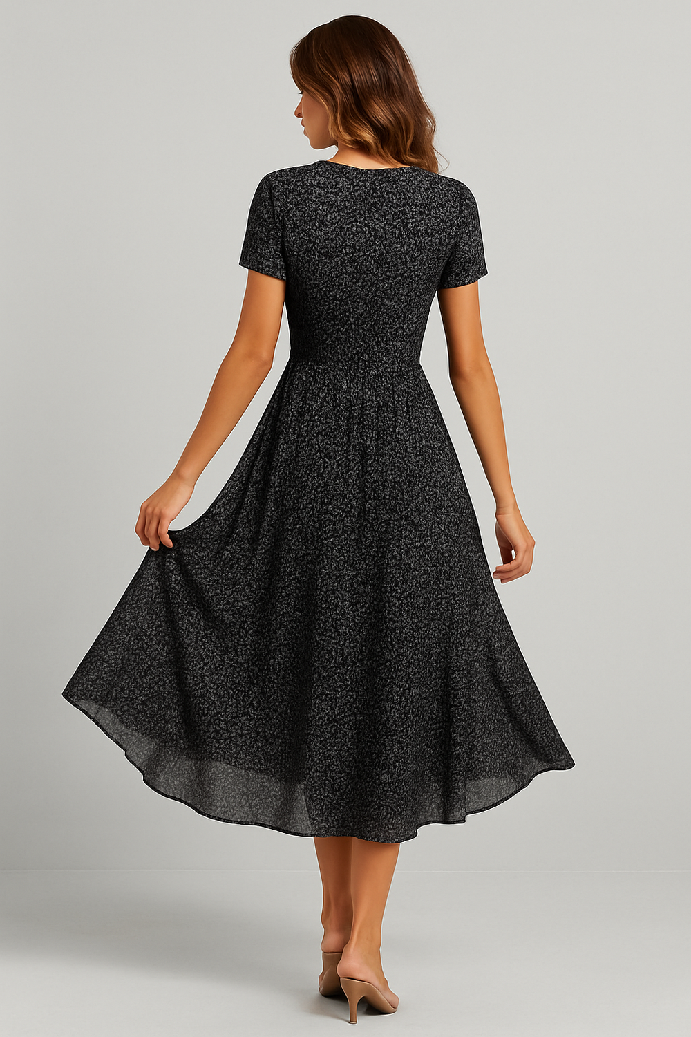 V-Neck Flared Midi Dress with Short Sleeves