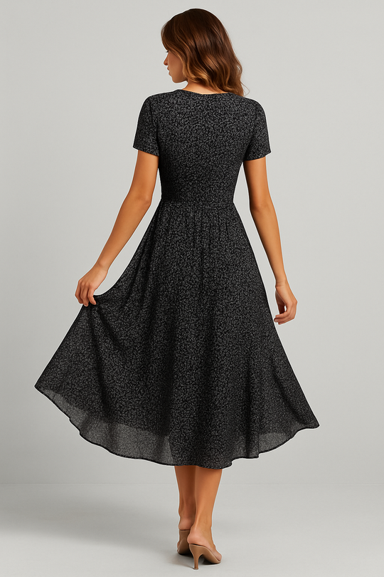 V-Neck Flared Midi Dress with Short Sleeves
