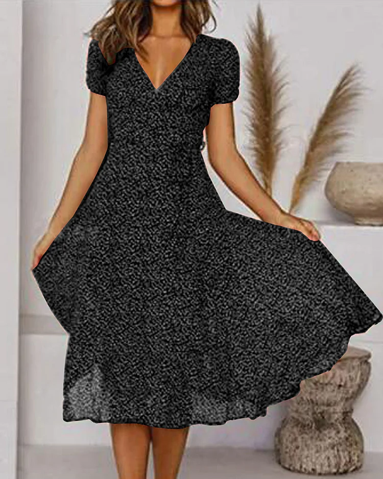 V-Neck Flared Midi Dress with Short Sleeves