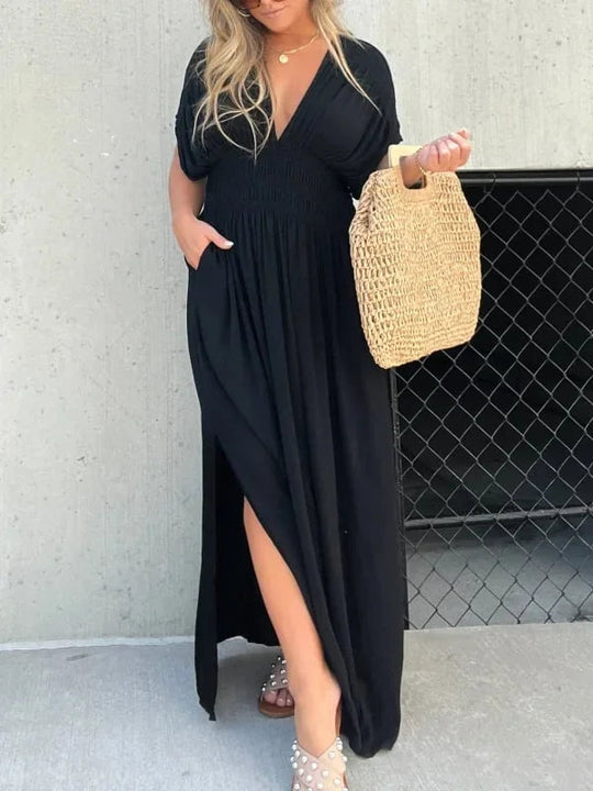 V-Neck Maxi Dress with Side Slit – Elegant Formal Occasion Style