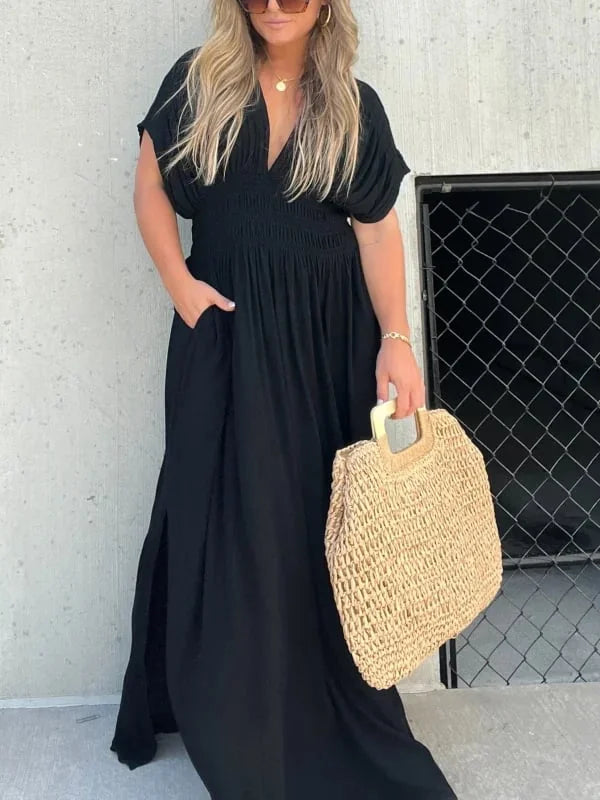V-Neck Maxi Dress with Side Slit – Elegant Formal Occasion Style