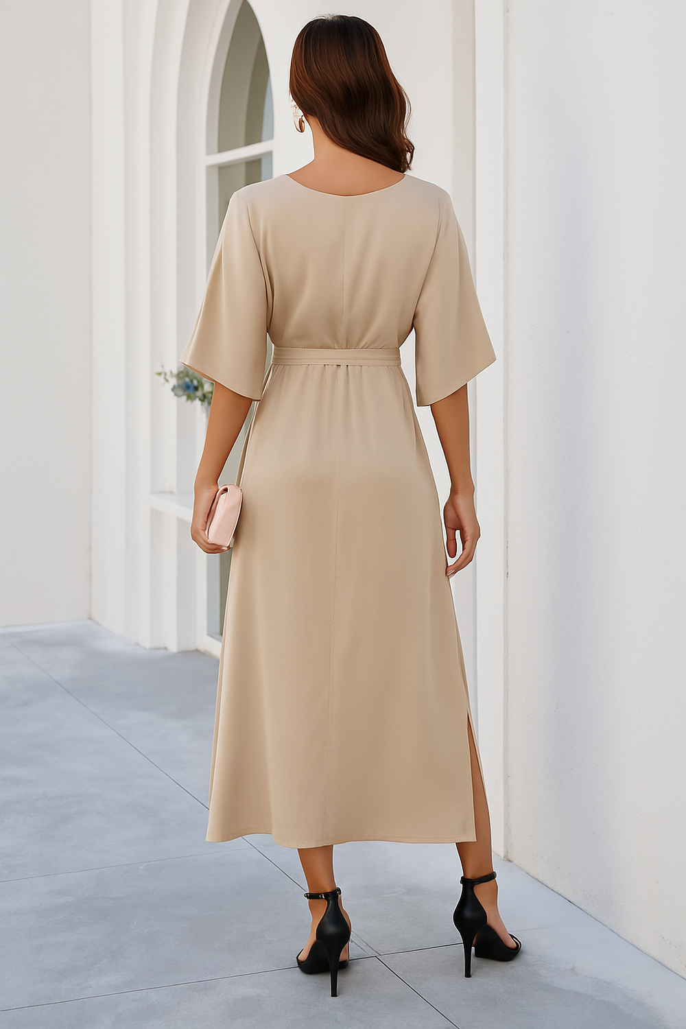V-Neck Midi Dress with Batwing Sleeves and Slit
