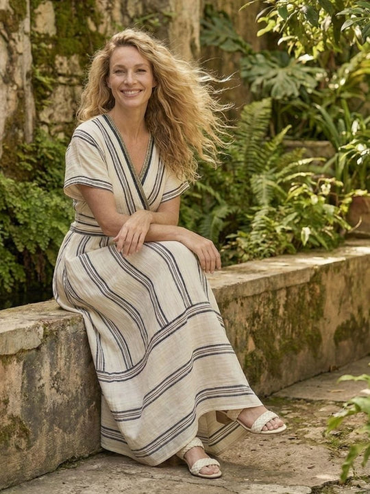 V-Neck Wrap-Waist Midi Dress with Short Sleeves