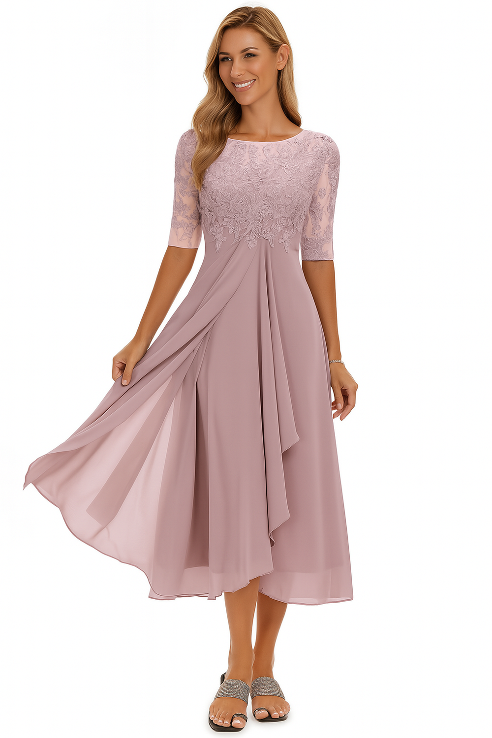 Vera Women's Lace and Chiffon A-Line Midi Dress with Short Sleeves